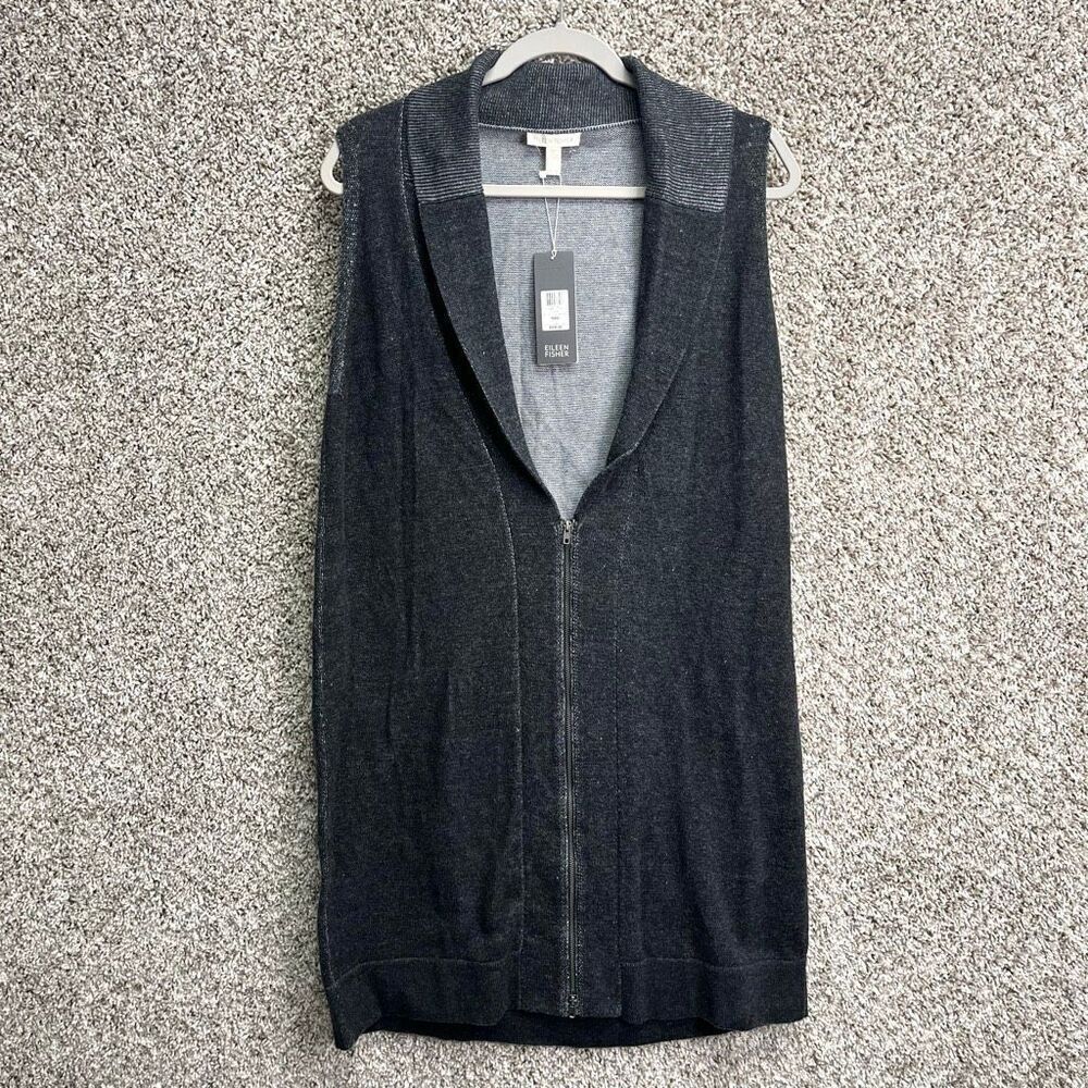 Eileen Fisher Vest Womens M Grey Plaited Cotton Sleeveless Shawl Collar Long NWT
